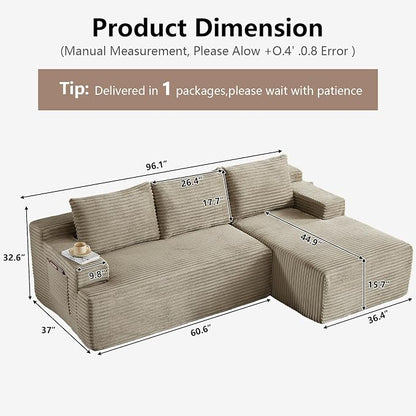 96" Cloud Sectional Couch with L-Shape Chaise, Modular Comfy Sofa Chaise Longue, Upholstered Corduroy Couches Sleeper with Deep Seat for Living Room Bedroom, No Assembly Required(Camel, Right Facing)