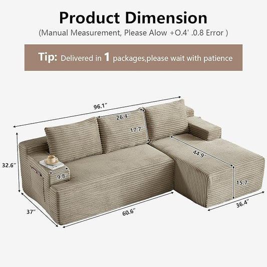 96" Cloud Sectional Couch with L-Shape Chaise, Modular Comfy Sofa Chaise Longue, Upholstered Corduroy Couches Sleeper with Deep Seat for Living Room Bedroom, No Assembly Required(Camel, Right Facing)