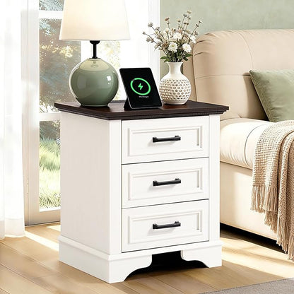 22-Inch Wide Modern Nightstand with Charging Station, End Table with 3 Large Drawers, Simple Design Bedside Table for Bedroom and Office,White(Single Piece)