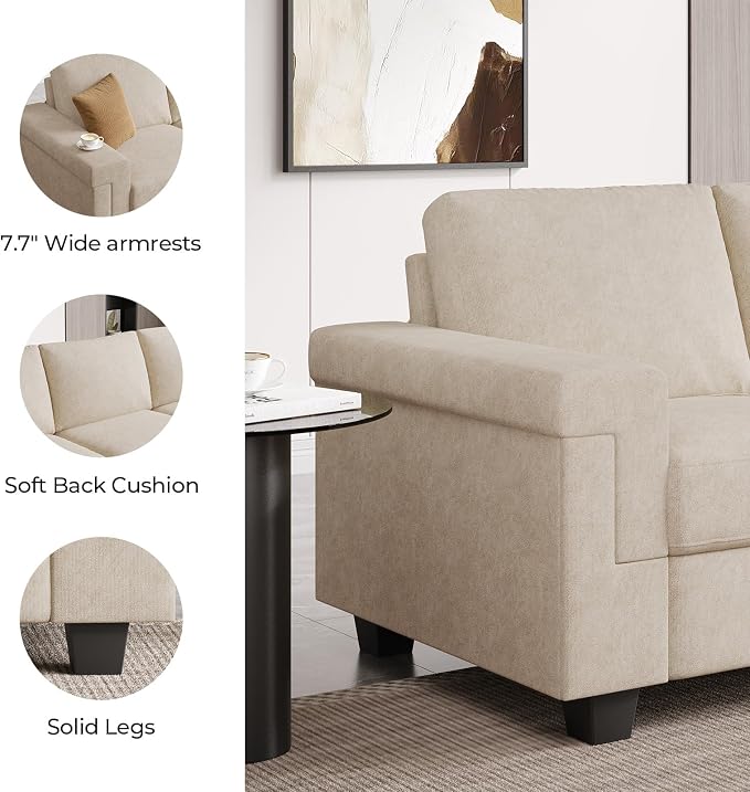 COPIAE 3 Seater Sofa Couch with Deep Seat, 90" Modern Upholstered Sofa with Armrests, Easy Installation, Comfy Couches for Living Room, Apartment, Beige