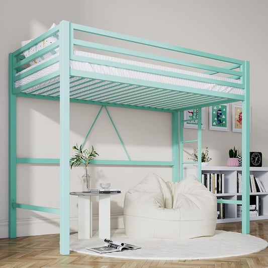 SHA CERLIN Loft Bed Twin Size with Ladder and Guardrail,Aqua Blue | Heavy Duty Metal Slats Support,No Box Spring Needed,Small Space Saving Furniture for Bedroom Dorm