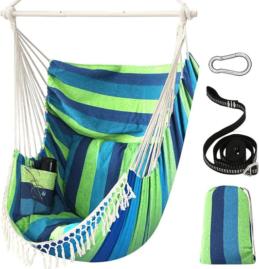Chihee Hammock Chair Hanging Swing Max 500 Lbs 2 Cushions Included Metal Spreader Bar with Anti-Slip Grooves Portable Hanging Chair Side Pocket Large Macrame Bohemian Chair Indoor Outdoor | Hanging Swing with Anti-Slip Grooves Portable Hanging Chair Si...