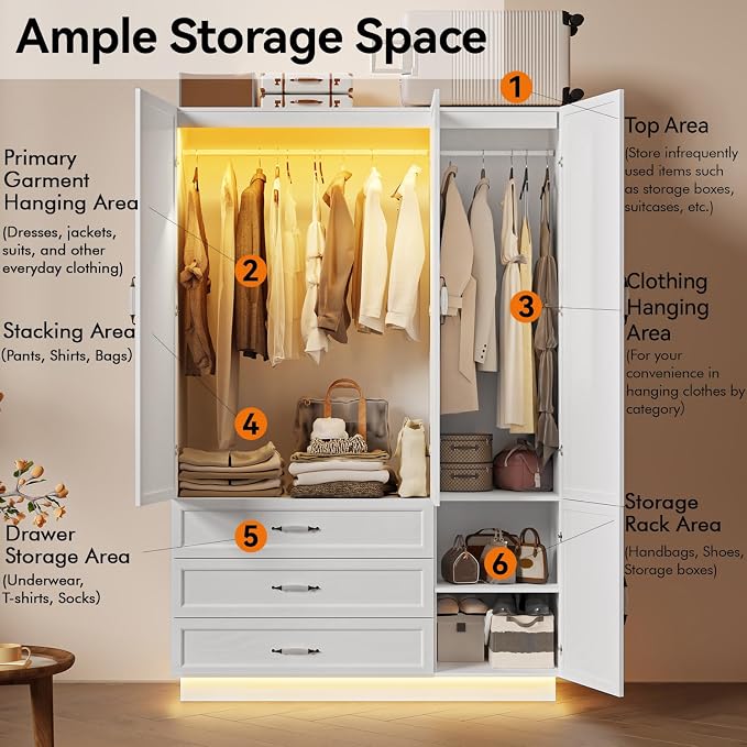 72" Armoire Wardrobe Closet with 3 Door Wooden Bedroom Armoire with LED Light 3 Drawers Large Modern Wardrobe Cabinet with Retro Ceramic Door Handles and Removable Hanging Rod White