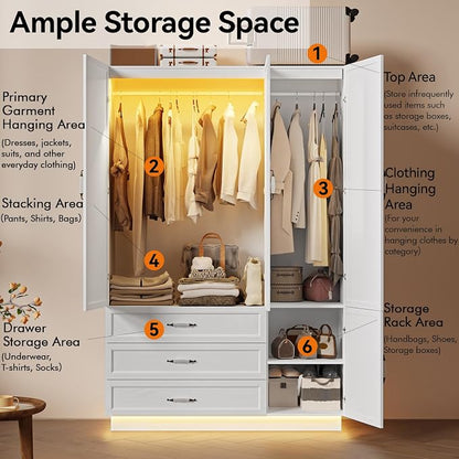 72" Armoire Wardrobe Closet with 3 Door Wooden Bedroom Armoire with LED Light 3 Drawers Large Modern Wardrobe Cabinet with Retro Ceramic Door Handles and Removable Hanging Rod White