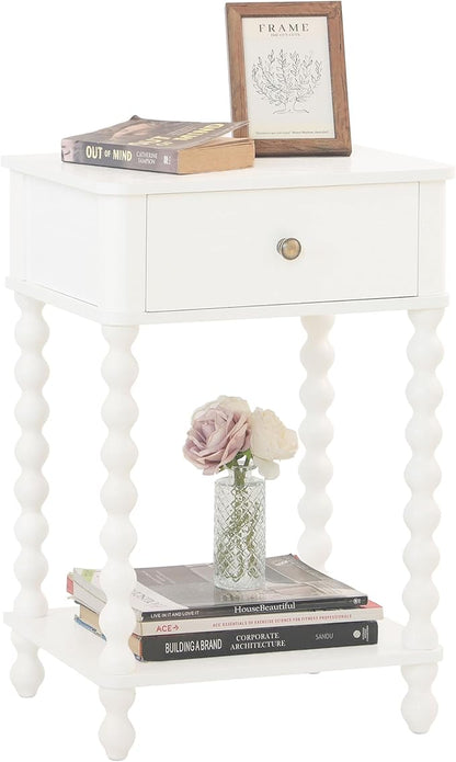AWASEN White Nightstand, Small Side Table with Drawer for Living Room, Farmhouse End Bedside Table with Spindle Wood Legs for Bedroom, Office, White