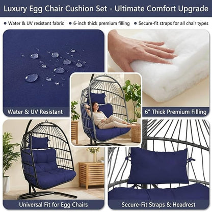 Enipate Outdoor Hanging Egg Chair Cushion, Water-Resistant Tufted Swing Basket Chairs Cushion Pads with Headrest Pillow