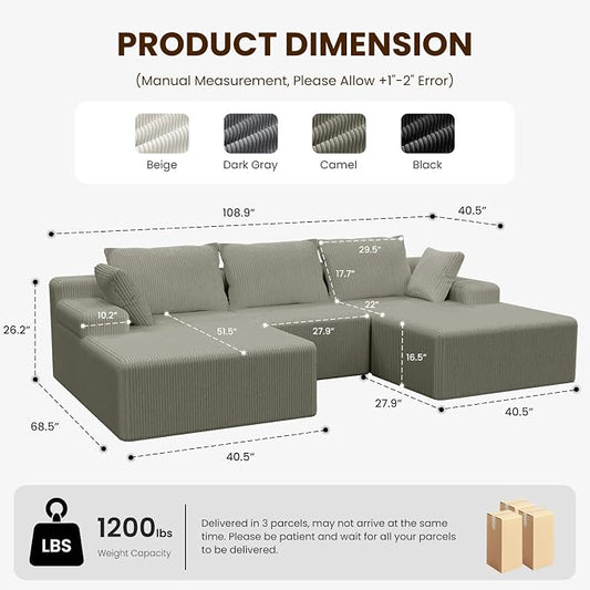 kinmars 108" Boneless Sectional Couch,Corduroy Cloud Couch Sectional for Living Room,Modern U Shaped Modular Sectional Couch,3 Seater Sofa (Camel, 108.9" U Shaped with Ottoman)