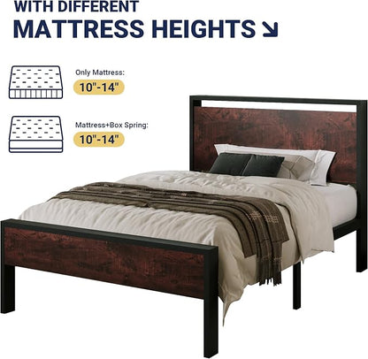 Allewie Twin Size Platform Bed Frame with Wooden Headboard and Footboard, Heavy Duty Metal Slats Support, No Box Spring Needed, Under-Bed Storage, Noise Free, Easy Assembly, Mahogany