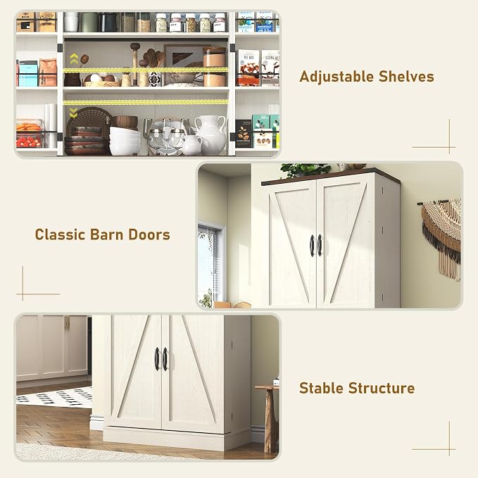 71" Tall Kitchen Pantry Cabinet, Farmhouse Tall Kitchen Storage Cabinet with Adjustable Shelves & 4 Barn Style Doors, Wooden Storage Cabinet for Kitchen, Dining Room, Living Room, Bathroom, Office