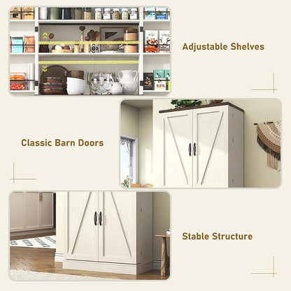 71" Tall Kitchen Pantry Cabinet, Farmhouse Tall Kitchen Storage Cabinet with Adjustable Shelves & 4 Barn Style Doors, Wooden Storage Cabinet for Kitchen, Dining Room, Living Room, Bathroom, Office