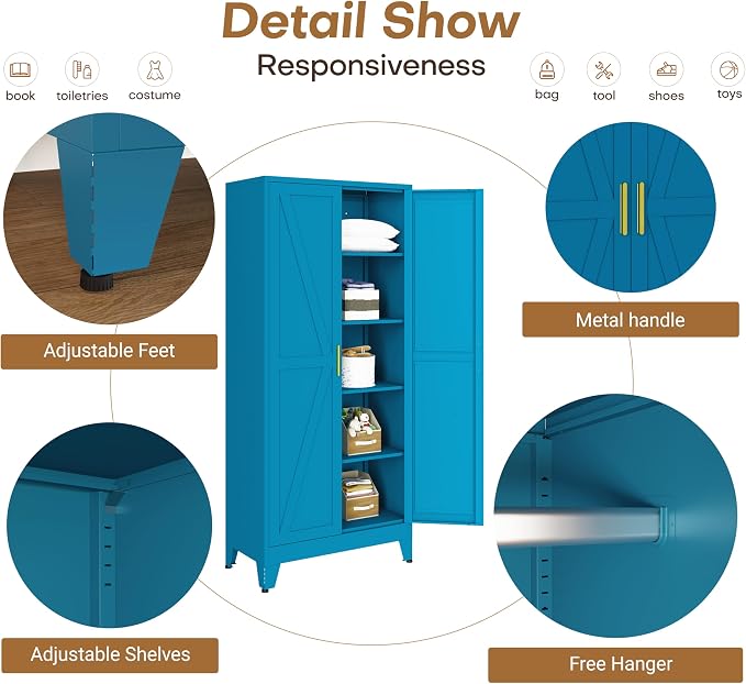 Metal Armoire Wardrobe Closet, 71" Steel Clothing Storage Cabinet with 2 Doors, Hanging Rod & Shelves, Bedroom Armoire Closet, Blue Wardrobe Cabinets for Bedroom