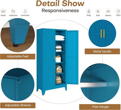 Metal Armoire Wardrobe Closet, 71" Steel Clothing Storage Cabinet with 2 Doors, Hanging Rod & Shelves, Bedroom Armoire Closet, Blue Wardrobe Cabinets for Bedroom