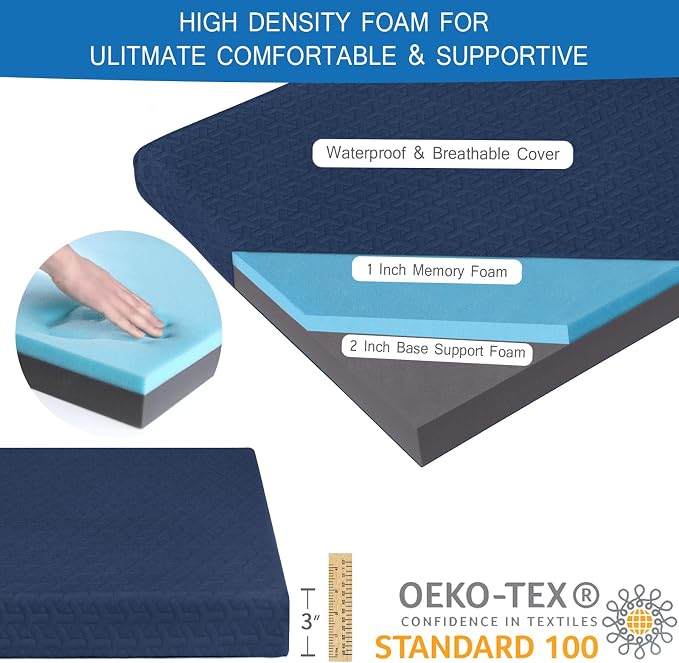 Memory Foam Camping Pad 3 Inch Thick, Soft Sleeping Pad with Waterproof Cover, Roll Up Cot Pad Topper for Travel Truck Bed Tent, Pad Only