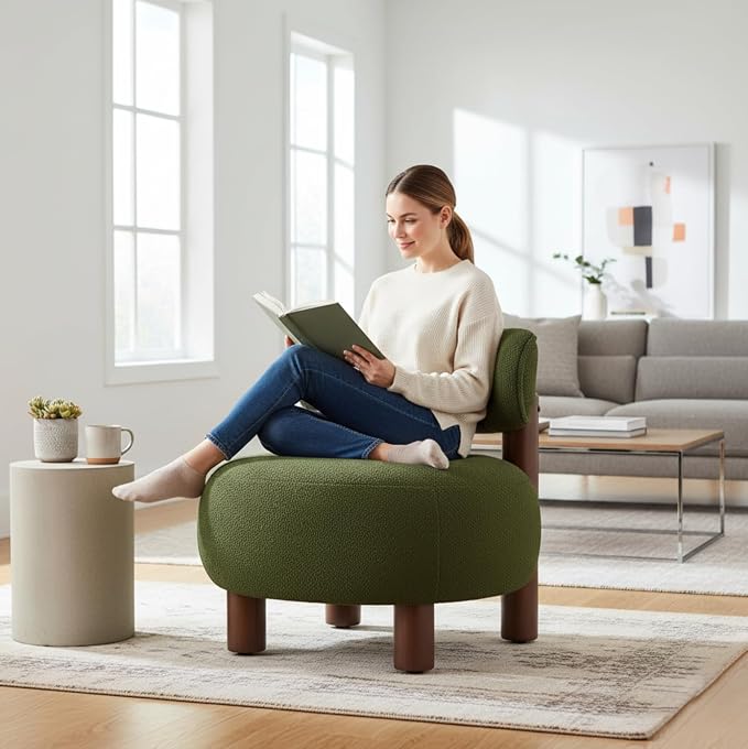 Modern Boucle Accent Chair, with Plush Faux Sherpa Upholstery, Curved Backrest, Solid Wood Legs for Living Room Bedroom Reading Nook, 27.5", Green