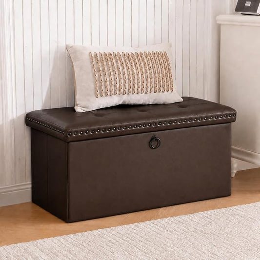 oakvivo 30 Inches Folding Storage Ottoman Bench, Ottoman PU Leather Tuffed End of Bed Bench, Foot Rest with Rivet Design, Ottoman with Storage for Living Room, Bedroom, Entryway, Coffee Brown