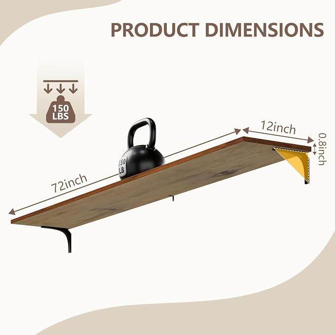12 Inch Deep Floating Shelves Set of 2, 72 Inch Extra Wide Vintage Walnut Solid Wood Wall Shelves, 6ft Heavy Duty Farmhouse Wall Mounted Shelving for Kitchen, Living Room & Bedroom