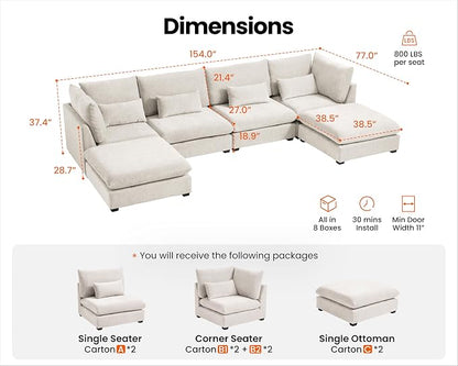 154" Oversized Chenille Couch Modular Sectional Sofa, Washable Cloud Couch Sectional with 2 Ottoman, 6 Seater Sectional Couches for Living Room, Fully Cover Removable, U Shaped, Chenille, White