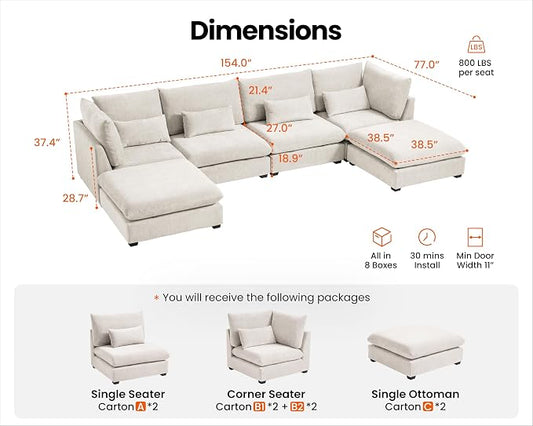 154" Oversized Chenille Couch Modular Sectional Sofa, Washable Cloud Couch Sectional with 2 Ottoman, 6 Seater Sectional Couches for Living Room, Fully Cover Removable, U Shaped, Chenille, White