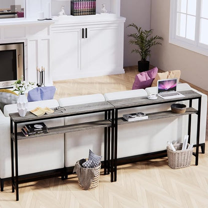 Timberer Narrow Console Table, 39.4” Sofa Table with Adjustable Shelf, 2-Tier Long Skinny Table for Hallway, Entryway, Living Room, Foyer, Grey