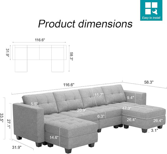 Belffin Reversible Storage Modular U-Shape Sectional Sofa Couch with Double Chaises Modular Sectional Sofa Set with Ottomans Fabric Light Grey