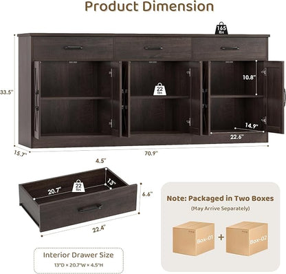 HOSTACK 71" Large Sideboard Buffet Cabinet with Storage, Farmhouse Coffee Bar Cabinet with 3 Drawers, Long Kitchen Buffet Table, Kitchen Sideboard Storage Cabinet for Dining, Living Room, Dark Brown