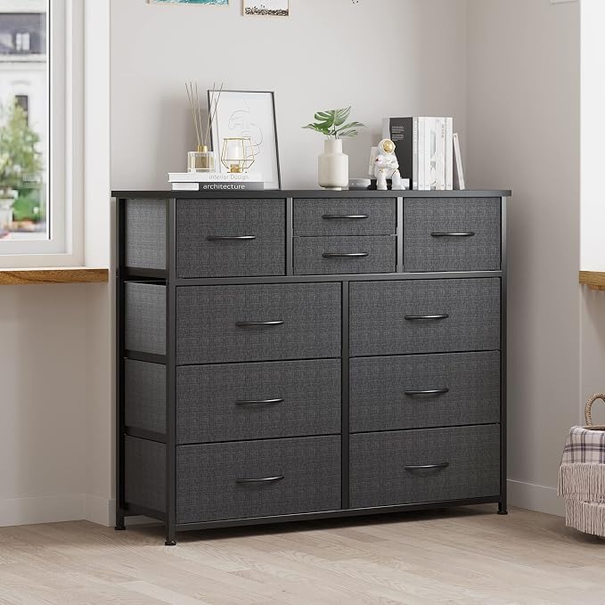 LUMTOK 10-Drawer Dresser, Fabric Storage Tower with Drawers for Bedroom, Dresser Drawer with Handle for Bedroom, Living Room, Hallway, Closets & Nurseryteel Frame, Wood Top (10 Drawer/Grey)