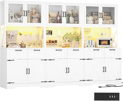 Unikito 94.5" Extra Wide Kitchen Pantry Cabinet with 3 Power Outlets & LED Light, 71" Tall Large Kitchen Hutch Cabinet with Countertop, DIY Pegboard with Hooks & Drawers, Farmhouse Food Pantry, White