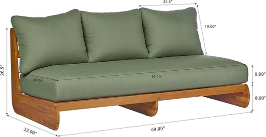 Merax 3 Piece Patio Outdoor Furniture Set, All-Weather Acacia Wood 3-Seater Daybed Sofa, 2 Chaise Lounge Chairs with Thick Cushions for Porch, Lawn, Backyard, Balcony, Green+Teak