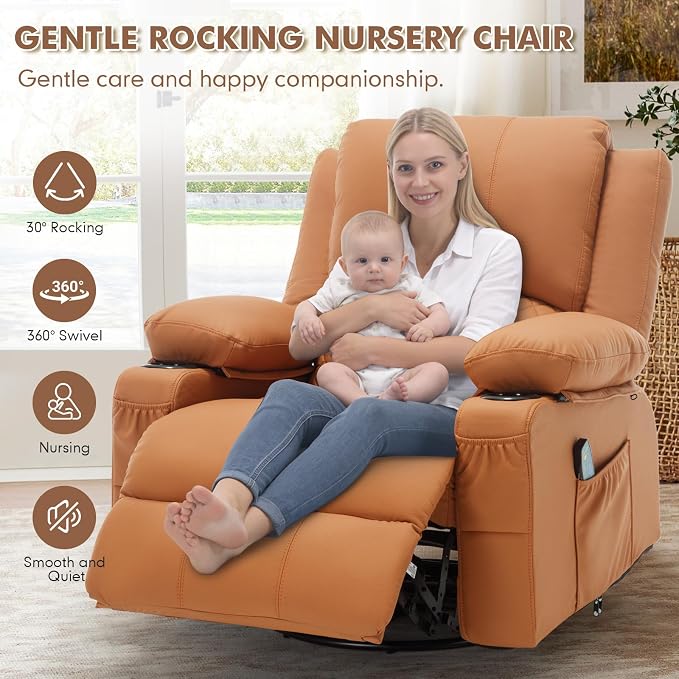 Faux Leather Recliner Chair with Heat and Massage Cup Holder, Overstuffed Swivel Rocker Recliner Chair Rocking Glider Chair Lounge Chair, Orange