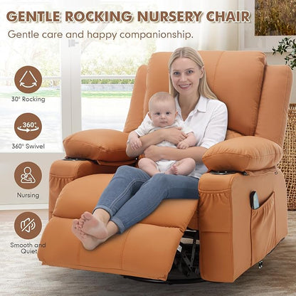 Faux Leather Recliner Chair with Heat and Massage Cup Holder, Overstuffed Swivel Rocker Recliner Chair Rocking Glider Chair Lounge Chair, Orange