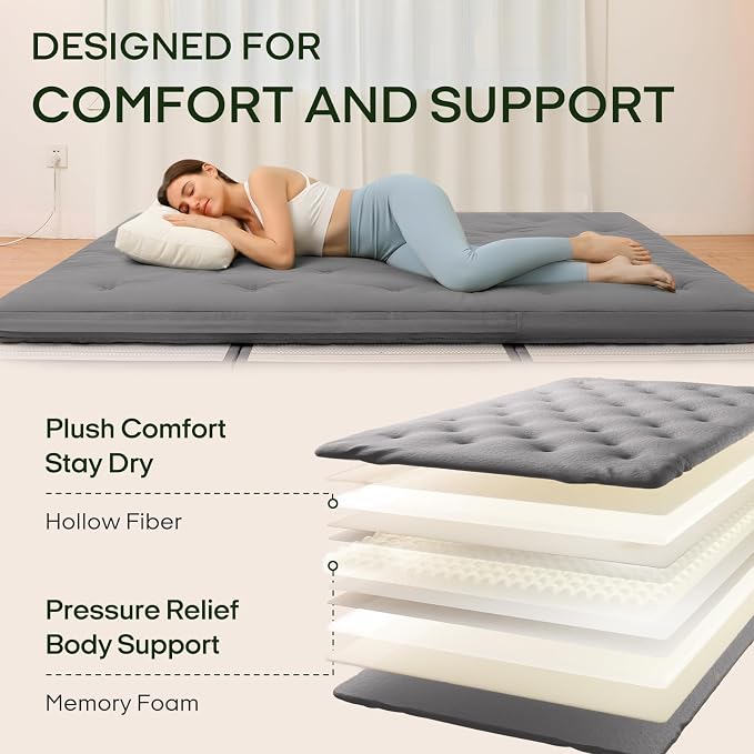 ZonLi Japanese Floor Futon Mattress Full Size 75"x 54", 100% Cotton Cover 2.5'' Thicken Tatami Mattress, Foldable Sleeping Pad, Portable Dormitory Tatami Mat (Grey)