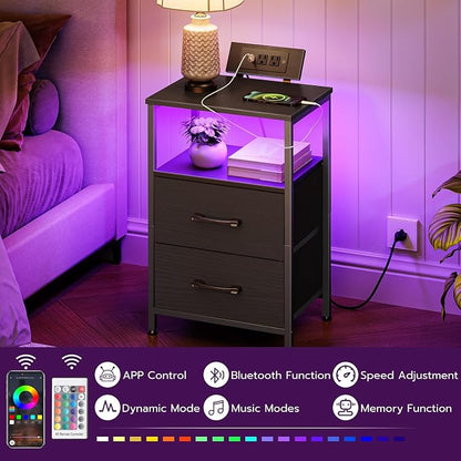 HOOBRO Nightstand with Charging Station, Bedside Table with LED Lights and 2 Fabric Drawers, End Table with 2 AC Outlets and USB Port, Small Night Stand for Bedroom, Black BB118UDBZ01
