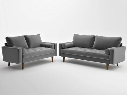 Container Furniture Direct Womble Mid Century Modern Soft Velvet Upholstered Tufted Seat with Bolster Pillows, Loveseat, Sofa, Silverish Grey
