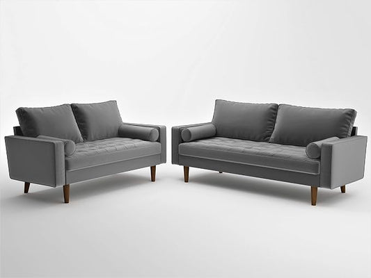 Container Furniture Direct Womble Mid Century Modern Soft Velvet Upholstered Tufted Seat with Bolster Pillows, Loveseat, Sofa, Silverish Grey