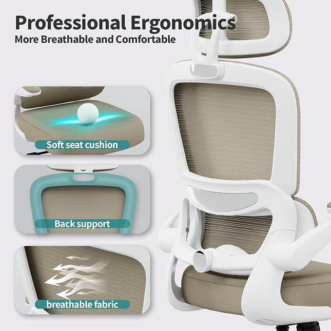 TRALT Office Chair Ergonomic Desk Chair, 330 LBS Home Mesh Office Desk Chairs with Wheels, Comfortable Gaming Chairs (1, Khaki)