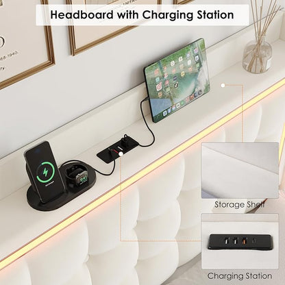 Keyluv Twin Floating Bed Frame with Storage Headboard, LED Lights & Charging Station Platform Bed, Soft Upholstered Velvet, USB/Type-C Ports, Easy Assembly, Beige