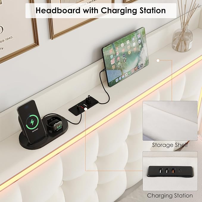 Keyluv Queen Floating Bed Frame with Storage Headboard, LED Lights & Charging Station Platform Bed, Soft Upholstered Velvet, USB/Type-C Ports, Easy Assembly, Beige