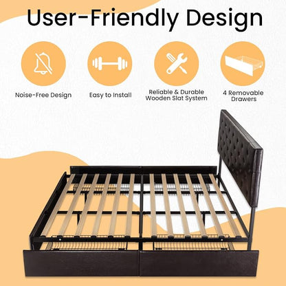 SHA CERLIN Upholstered King Size Platform Bed Frame with 4 Storage Drawers, Adjustable Headboard with Diamond Stitched Button Tufted Design, Wooden Slat Support, No Box Spring Needed, Black Brown
