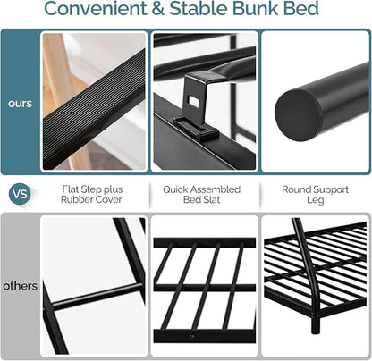 VINGLI 71 Inches Tall Loft Bed Twin Size with Flat Ladder Rung for Kids Teens Adults Heavy Duty Metal Single Bunk Bed Loft with Safety Guard Rails for Small Space, Black