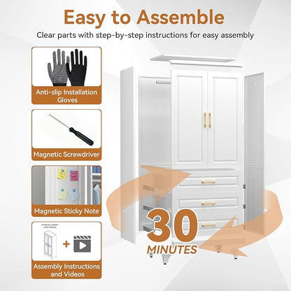Polup Metal Armoire Wardrobe Closet with Three Drawers, 71“ Tall Large Wardrobe Cabinet with Hanging Rod, Freestanding Wardrobe Cabinet with Doors for Bedroom, White, Assemble Required