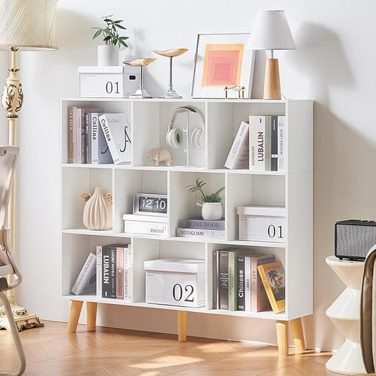 LEYAOYAO 10 Cube Bookshelf,3 Tier Modern Wide Bookcase with Legs,Mid-Century Wood Bookshelves Storage,White Large Book Case,Freestanding Organizer Display Shelf for Bedroom,Living Room,Office