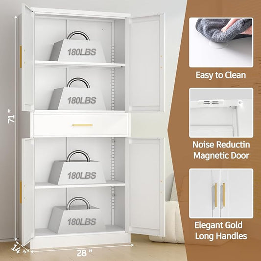71” Tall Kitchen Pantry Cabinet, Metal Storage Cabinet with 2 Doors and 4 Adjustable Shelves for Kitchen, Living Room, Laundry Room (White, 71" H-1 Drawer)
