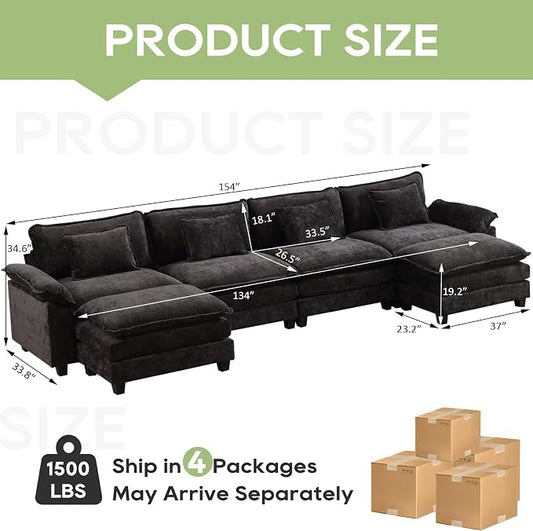 Oprisen 154" Modular Sectional Sofa, Comfy Cloud Couch Sectional Sofa with Ottoman, Chenille Sofa Sleeper Deep Seat Sofa with Throw Pillows for Living Room (Black, 154"- U Shape)
