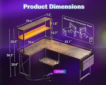 AODK L Shaped Desk Gaming Desk with LED Light & Power Outlet, 53 Inch Reversible L Shaped Computer Table with Shelf & Storage Bag & Hook for Home Office, Vintage