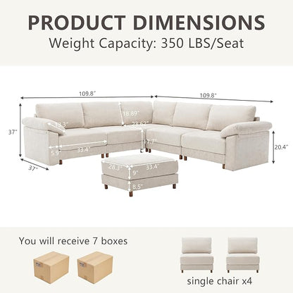 Oversized Modular Cloud Couch with Removable Washable Cover, L/V-Shaped Sectional for Large Living Room, Plush Chenille & Deep Seat（Beige）