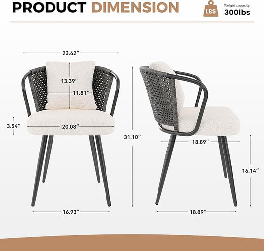 Rattan Dining Chairs Set of 2, Upholstered Kitchen Chair with Metal Legs, Ergonomic Curved Backrest, Mid Century Modern Living Room Chairs with Throw Pillow, Dark Gray