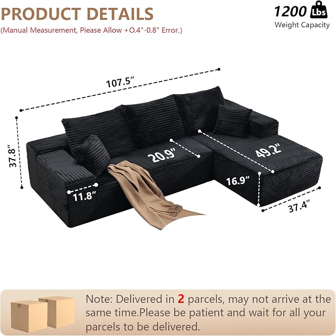 107" W Modular Sectional Sofa, Upholstered Corduroy Cloud Couch with Deep Seat, Modern 3-Seater L-Shaped Sofa for Living Room, No Assembly Required (Black, Right-Facing Chaise)