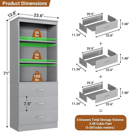 Aheaplus 23.6" Closet Drawers System, Wood Closet Organizer System with 3 Drawers, Modular Small Walk-in Closets Storage Unit, Grey (23.6" L x 13.8" W x 71" H)