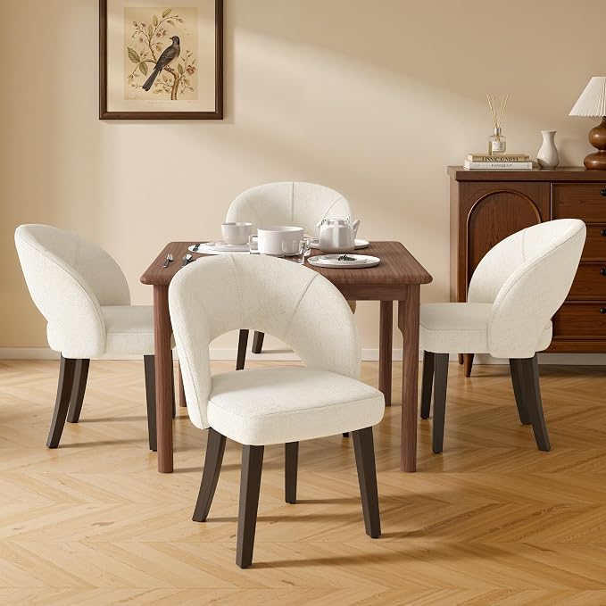 Dining Chairs Set of 2, Mid Century Modern Dining Chairs with Solid Wood Legs, Curved Back Kitchen Chair Farmhouse Side Upholstered Chairs for Kitchen Dining Room, White