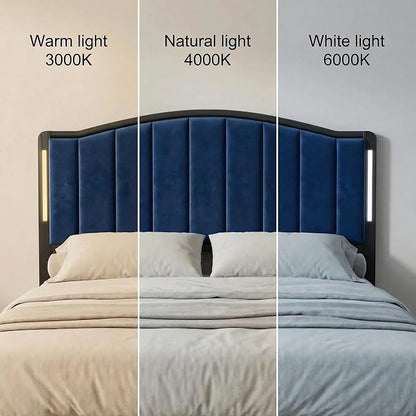 Headboard for Queen Size Bed with LED Lights, Upholstered Vertical Channel Tufting Head Boards, Velvet Headboard Only, Attach Frame, Ideal for Bedroom, Dorm, Guest Room, Blue